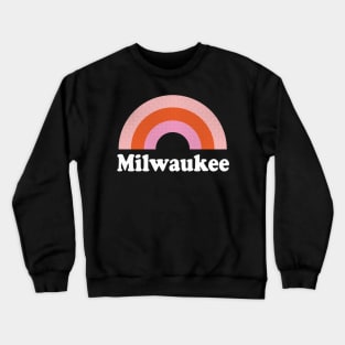 Milwaukee, Wisconsin - WI Retro Rainbow and Text Crewneck Sweatshirt